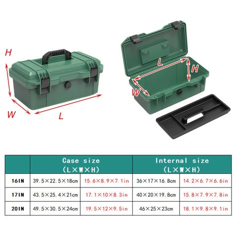 Double Walled Waterproof Plastic Toolbox With Removable Compartments And Folding Handle, khaki 17 inch, open with tray and measurements