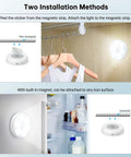 Puck Lights With Charging Station 4 Pack, Motion Sensor Under Cabinet Closet Lighting mounted in wardrobe and on fridge door.