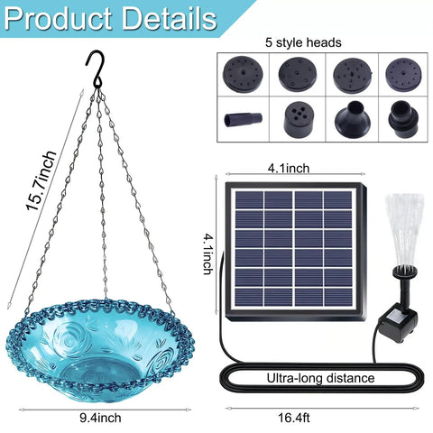 Solar Hanging Bird Bath Fountain with 5 spray heads, 9.4 inch blue plastic bowl, metal chain, 16.4 ft cord, solar panel.