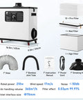 Heavy Duty Laser Solder Fume Extractor With 210 Watt Brushless Motor And Badass 360 Cubic Meter Per Hour Suction showing various components and dimensions.