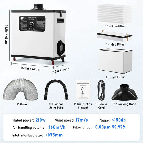 Heavy Duty Laser Solder Fume Extractor With 210 Watt Brushless Motor And Badass 360 Cubic Meter Per Hour Suction showing various components and dimensions.