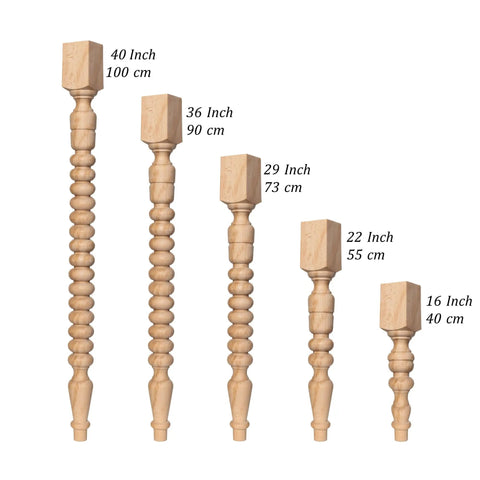 Solid Beech Wood Table Leg Forty Inches High Lightly Sanded Finish with other size variations displayed.