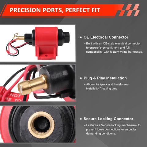 Beefy 12V Fuel Pump with OE electrical connector, precision ports, and secure locking; delivers five to nine PSI at thirty five GPH.