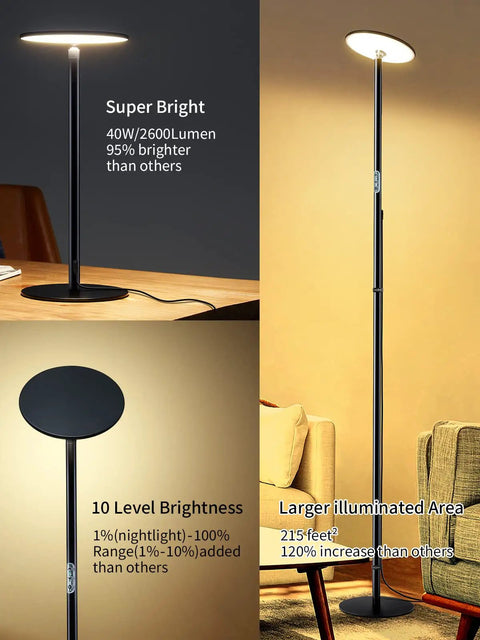 Super Bright Industrial LED Floor Lamp With All Metal Construction Boss Level Brightness 69 Inch Tall Adjustable Standing Lamp 40W 2600 Lumen Output 10 Dimming Levels Black Modern Floor Light For Living Room Dining Room Office Bedroom