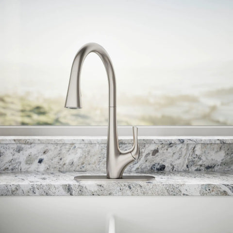 Top Shelf Pull Down Kitchen Sink Faucet With Smooth Glide Retractable Hose And Dual Function Sweep Sprayhead Built Tough For Lightning Fast Cleanup In Classic Vibrant Stainless Finish on a granite countertop.