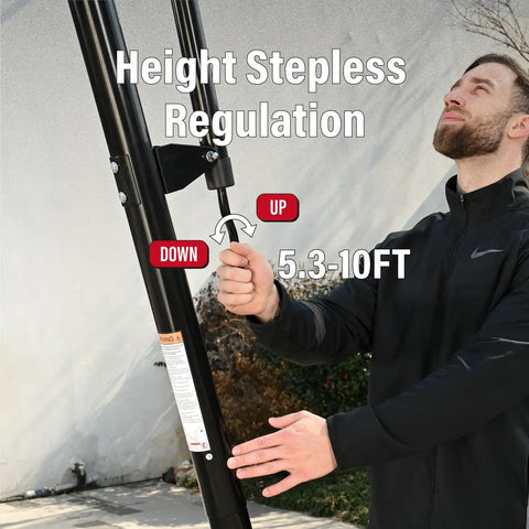 Adjusting Portable Outdoor Basketball Hoop With 44 Inch Shatterproof PC Backboard height from 5.3 to 10 Feet with stepless system.