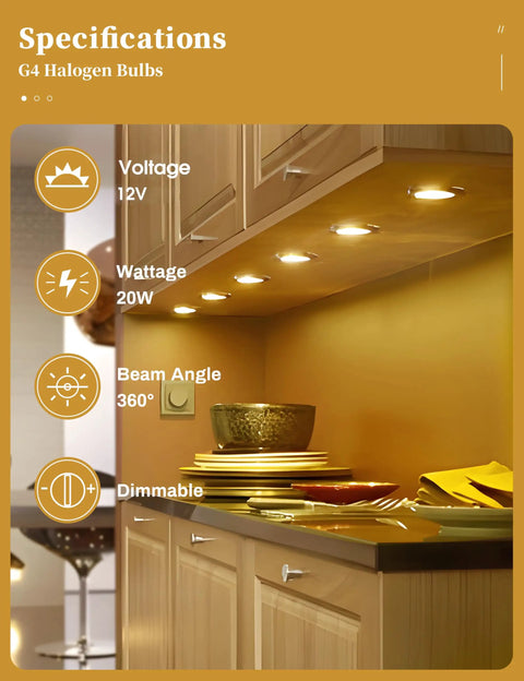 Under cabinet lighting with G4 Base Halogen Bulbs 12V 20W T3 Bi Pin Dimmable, showing warm light and 360° beam angle.