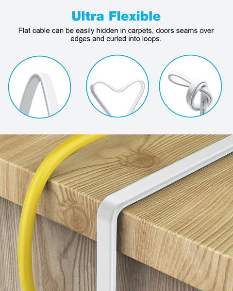 Cat 8 Flat Ethernet Cable 40Gbps for hardcore gaming and smooth streaming, shown flexible over a table edge