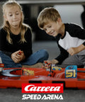 Two kids playing with Speed Arena Disney Pixar Cars Slot Car Race Track Set With Lightning McQueen And Dinoco Cruz Ramirez.