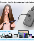 Woman using 230 Watt Step Down Voltage Converter For Global Travel Use 100 To 220V To 110V Transformer With USB Quick Charger 3.0 next to devices
