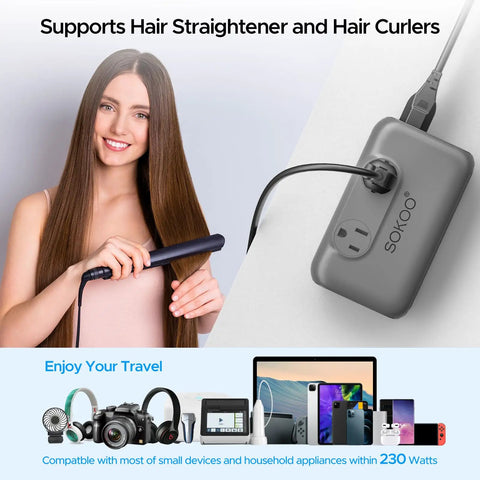 Woman using 230 Watt Step Down Voltage Converter For Global Travel Use 100 To 220V To 110V Transformer With USB Quick Charger 3.0 next to devices