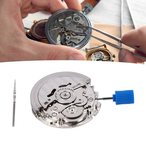 Hands working on metal mechanical watch movement spare part complete set with storage box, screws and seals for accuracy.