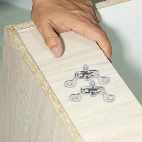 Heavy Duty Stainless Steel Furniture Fastener Kit With Invisible Three In One Connectors And Knockout Joint Screws For Straight Shots On Tight Cabinet Fixes Today, shown installed on cabinet edge.