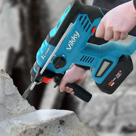 User operating Beast 20V SDS Plus Rotary Hammer Drill Kit With Brushless Cordless Demolition Hammer, drilling into concrete.