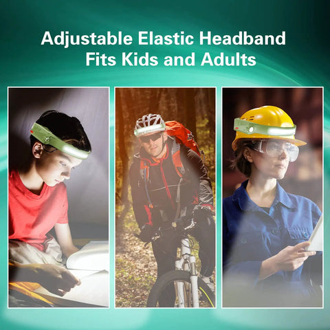 Three people using Rechargeable Headlamp With 1000 Lumen Output And 230 Degree Wide Beam Plus Spot Light Sensor Mode Ultra Bright Dope Headlamp With Clip For Hard Hats Camping Running And Night Work in various settings.