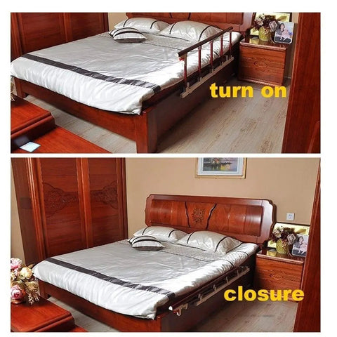 Portable Folding Bed Rail With Red Wood Grain Handle, adjustable rail on bed in open and folded position for safe bedside support.