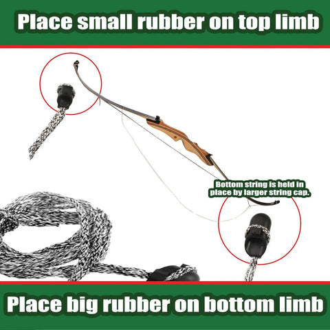 Archery Bow Stringer Tool for Recurve, Traditional, and Long Bows showing limb rubber placement instructions
