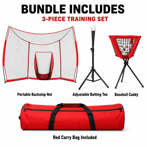 Portable Baseball Backstop Net With Batting Tee And Ball Caddy Collapsible Softball Batting Cage For Pitching Hitting And Backyard Practice Training Kit with carry bag included.
