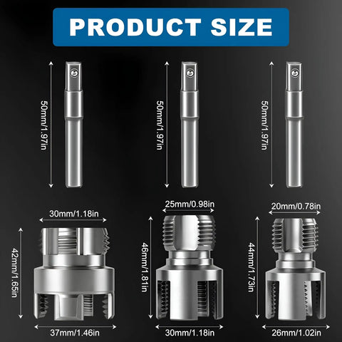 Product size details for 3 Piece Pvc Pipe Threader Set With 1/2 In, 3/4 In & 1 In Npt Dies Carbon Steel Drill Compatible Tool Kit.