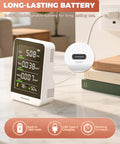 5 In 1 Indoor Air Quality Monitor Real Time CO2 TVOC HCHO Temperature Humidity With Digital Display And Alerts Easy Setup For Home Office Use Tracks Air Quality Metrics And Helps You Keep Your Family Safe And Air Fresh., white desktop air quality monitor with USB-C charging and built-in battery