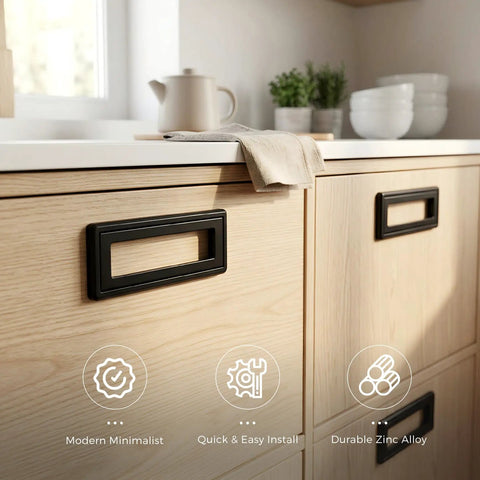 Hidden Furniture Handle Recessed Flush Door Pull Three Point Seven Five Inch Hole Center Matte Black on wood cabinet