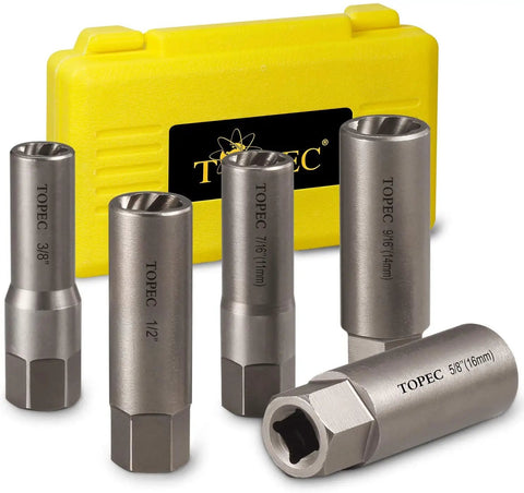 5 Piece Spiral Deep Extractor Set For Removing Stuck And Broken Bolts Studs Fittings Threads And Pins Spark Plug Easy Out Specialty Tool For Heavy Duty Jobs And Tough Fasteners with yellow case