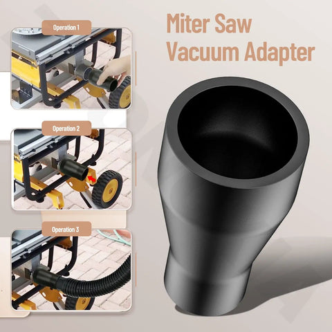 Super Handy Miter Saw Vacuum Adapter For Dust Collection Connects 1-7/8 Inch Vacuum Hose To 2-1/2 Inch Table Saw Outlet And 3/5 Inch Miter Saw Port Universal Fit For Most Saws And Vacuums Keeps Your Workshop Clean And Mess Free showing installation steps.