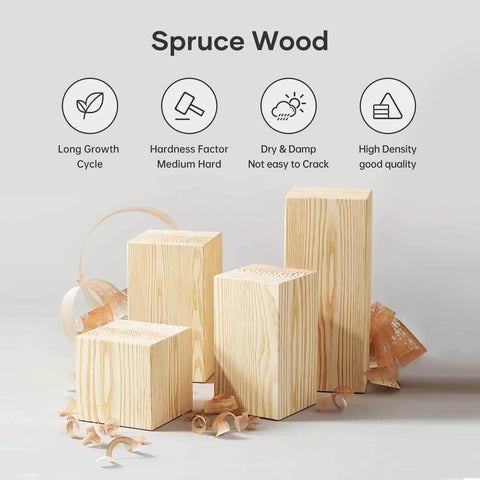Spruce wood blocks showcasing qualities: long growth cycle, medium hardness, dry & damp resistance, high density good quality