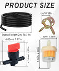 Universal Gas Fuel Line Kit With 6.56 Ft Fuel Hose Inline Shutoff Valves Filters And Clamps showing size dimensions