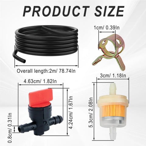 Universal Gas Fuel Line Kit With 6.56 Ft Fuel Hose Inline Shutoff Valves Filters And Clamps showing size dimensions