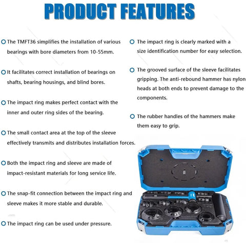 Easy Bearing Install And Removal Kit With 36 Impact Rings And 3 Impact Tools, 10 To 55 Mm Bore, product features and open toolbox