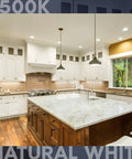 Kitchen with R20 LED Flood Light Bulb 6.5W, 460 Lumens, 3500K Natural White, illuminating marble countertop and pendant lights.
