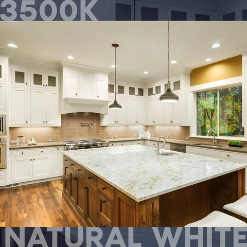 Kitchen with R20 LED Flood Light Bulb 6.5W, 460 Lumens, 3500K Natural White, illuminating marble countertop and pendant lights.