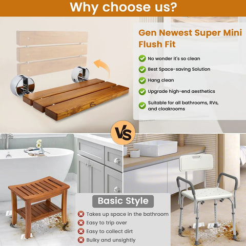 Comparison of 20 Inch Teak Shower Seat Fold Down Wall Mounted Chair with chrome hinges and traditional shower chairs in a bathroom setting.