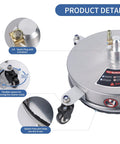 14 Inch Pressure Washer Surface Cleaner With 4 Wheels Heavy Duty Stainless Steel Accessory For Driveways Sidewalks And Patios 4000 PSI One Quarter Inch Quick Connector Includes 2 Extension Wand Attachments, showing detachable features and flexible wheels.
