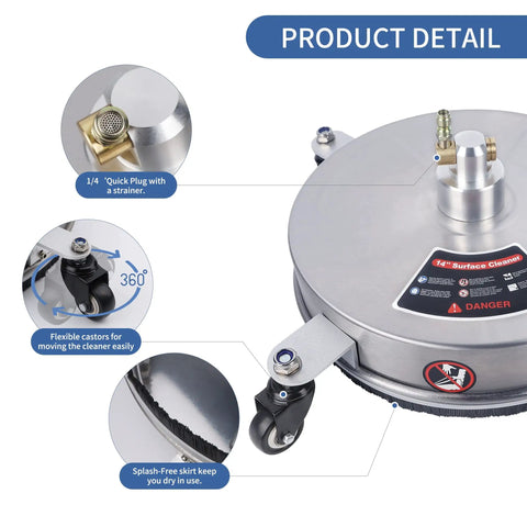 14 Inch Pressure Washer Surface Cleaner With 4 Wheels Heavy Duty Stainless Steel Accessory For Driveways Sidewalks And Patios 4000 PSI One Quarter Inch Quick Connector Includes 2 Extension Wand Attachments, showing detachable features and flexible wheels.