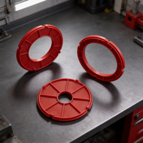 Heavy Duty Insertion Ring Set Crafted For RA1171 RA1180 RA1181 Router Tables showing three red plastic rings on a workbench.
