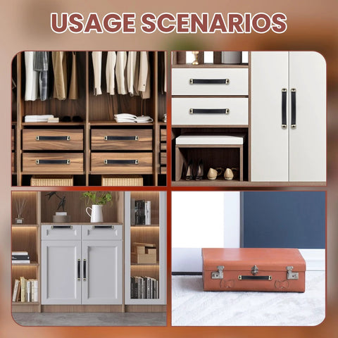 Two Leather Handles For Drawers Cabinets And Luggage With Mounting Screws in various furniture settings