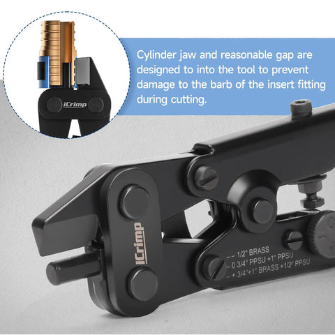 Zoom on PEX Copper Ring Removal Tool Decrimper with built-in gap guard, showing tool details and adjustment dial.