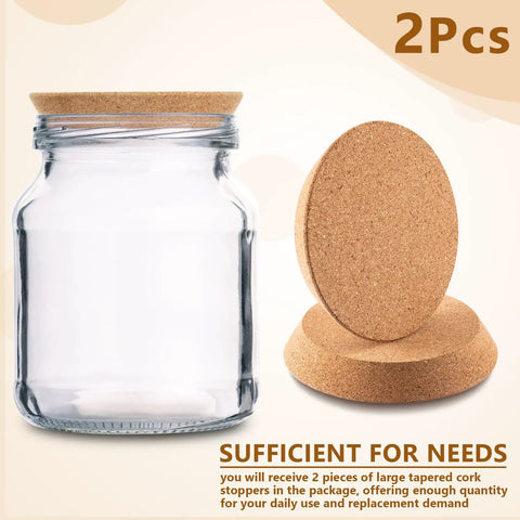 Big Tapered Cork Stoppers For 3.74 To 4.0 Inch Jar Openings with glass jar and two stoppers displayed, 2 pack