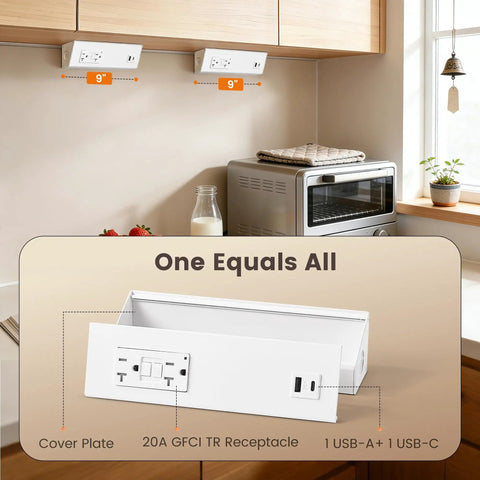 9 Inch Under Cabinet Power Strip With GFCI Outlet USB A USB C Angled Trapezoid Aluminum Housing in kitchen setting