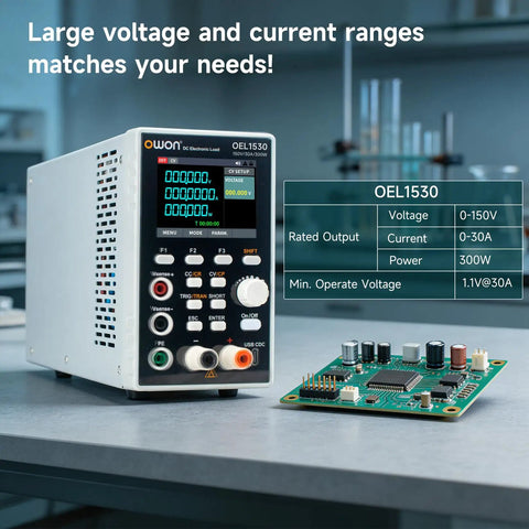 Programmable DC Electronic Load 150V 30A 300W With USB RS232 RS485 For Automation, Four Modes CV CC CP CR Dynamic 5kHz, Dope Lab Bench Power Tester With 2.8 Inch TFT Color Display, Perfect For Prototyping And Testing. front view on lab bench with PCB