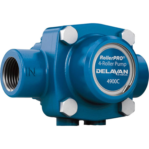 Cast Iron Four Roller Pump With 9.2 GPM Flow, 150 PSI Pressure, 2600 RPM Operation, Five Eighth Inch Solid Shaft in blue casing
