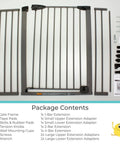 Package contents of Extra Tall And Wide Pressure Mounted Baby Gate For Doorways shown with all components and extensions.