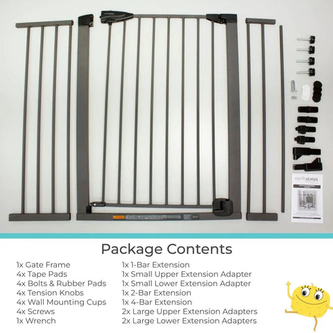 Package contents of Extra Tall And Wide Pressure Mounted Baby Gate For Doorways shown with all components and extensions.