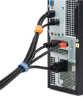 100 Pack 8 Inch Hook And Loop Reusable Cable Ties With 42 Lb Tensile Strength Multi Color Black Blue And Orange For Easy Cable Management Zero Hassle Setup For Desk Or Home Office And Tech Gear securing cables on a desktop computer.