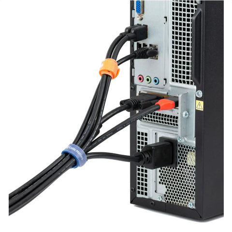 100 Pack 8 Inch Hook And Loop Reusable Cable Ties With 42 Lb Tensile Strength Multi Color Black Blue And Orange For Easy Cable Management Zero Hassle Setup For Desk Or Home Office And Tech Gear securing cables on a desktop computer.