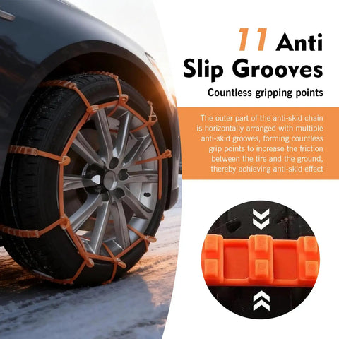 Heavy Duty Car Snow Tire Chains 12 Piece Set Spiral Anti Skid Traction Straps with 11 anti-slip grooves for secure grip on icy roads.