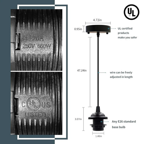 Industrial Mini Pendant Light Kit with Edison Retro Vibe and UL E26 Socket, detailed view of socket and adjustable cord dimensions.