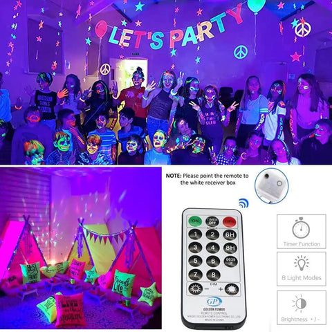 Scene with 60ft Black Light String Lights With 240 LEDs For Lit Glow Parties Bedroom Decor And Fluorescent Poster Art